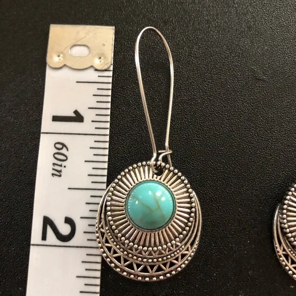 New! Boho‎ Desert Revival Dangle Turquoise Silver Tone Earrings - Picture 3 of 3